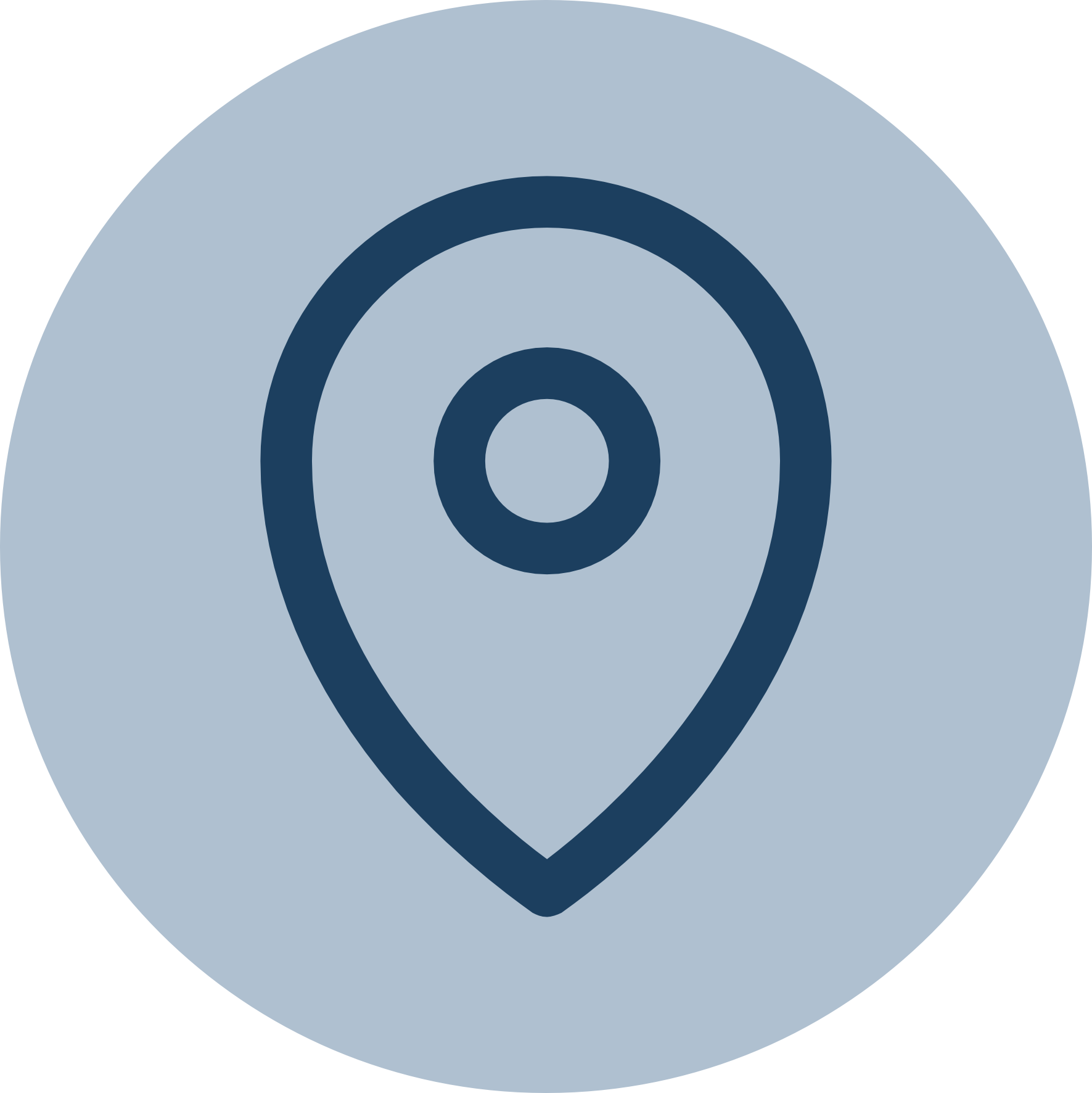 Dark blue map location pin icon on a light blue circular background.