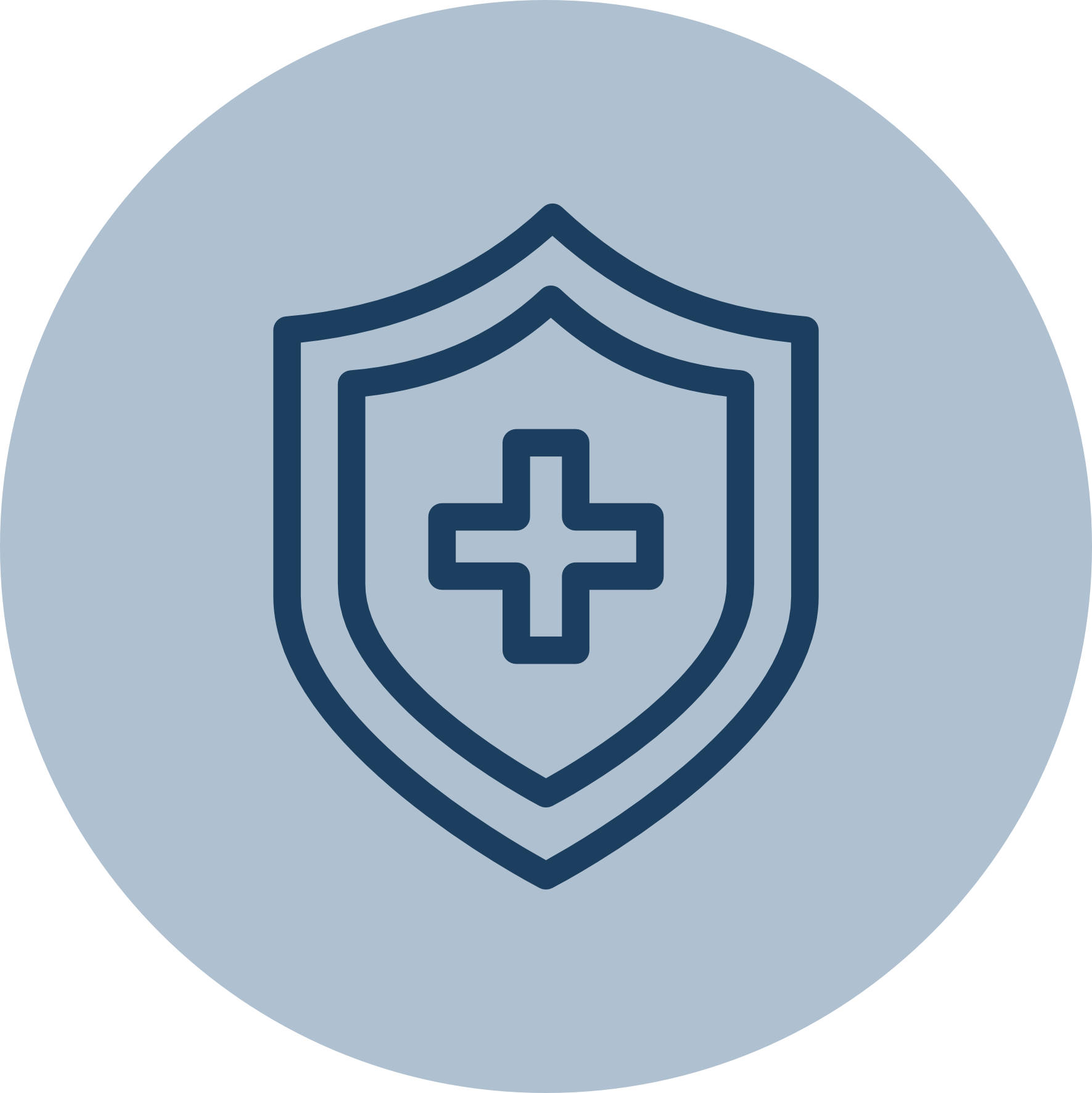 Medical shield icon with a cross in the center, symbolizing health protection, on a blue circular background.
