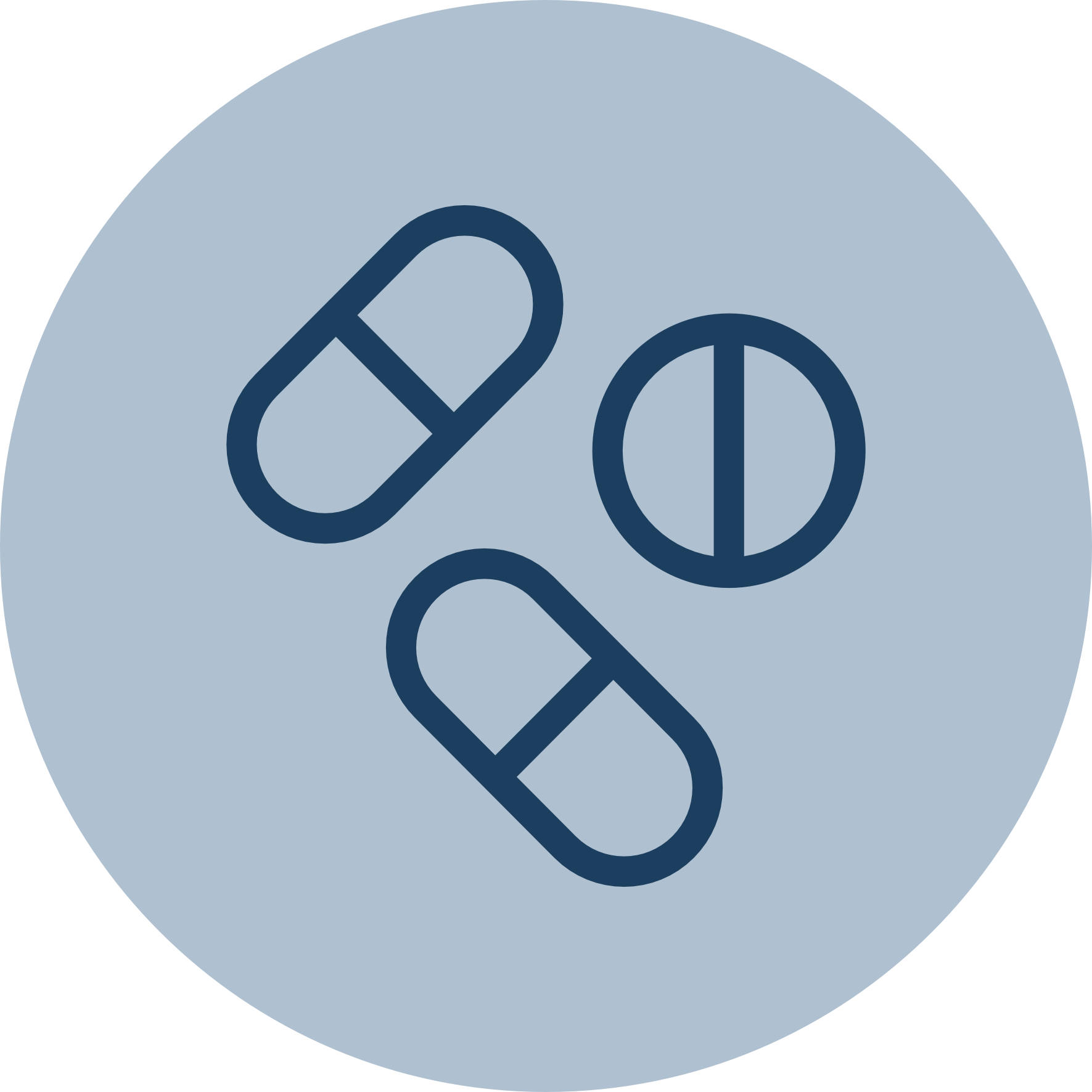 Icon of two capsules and one round pill on a blue circular background.