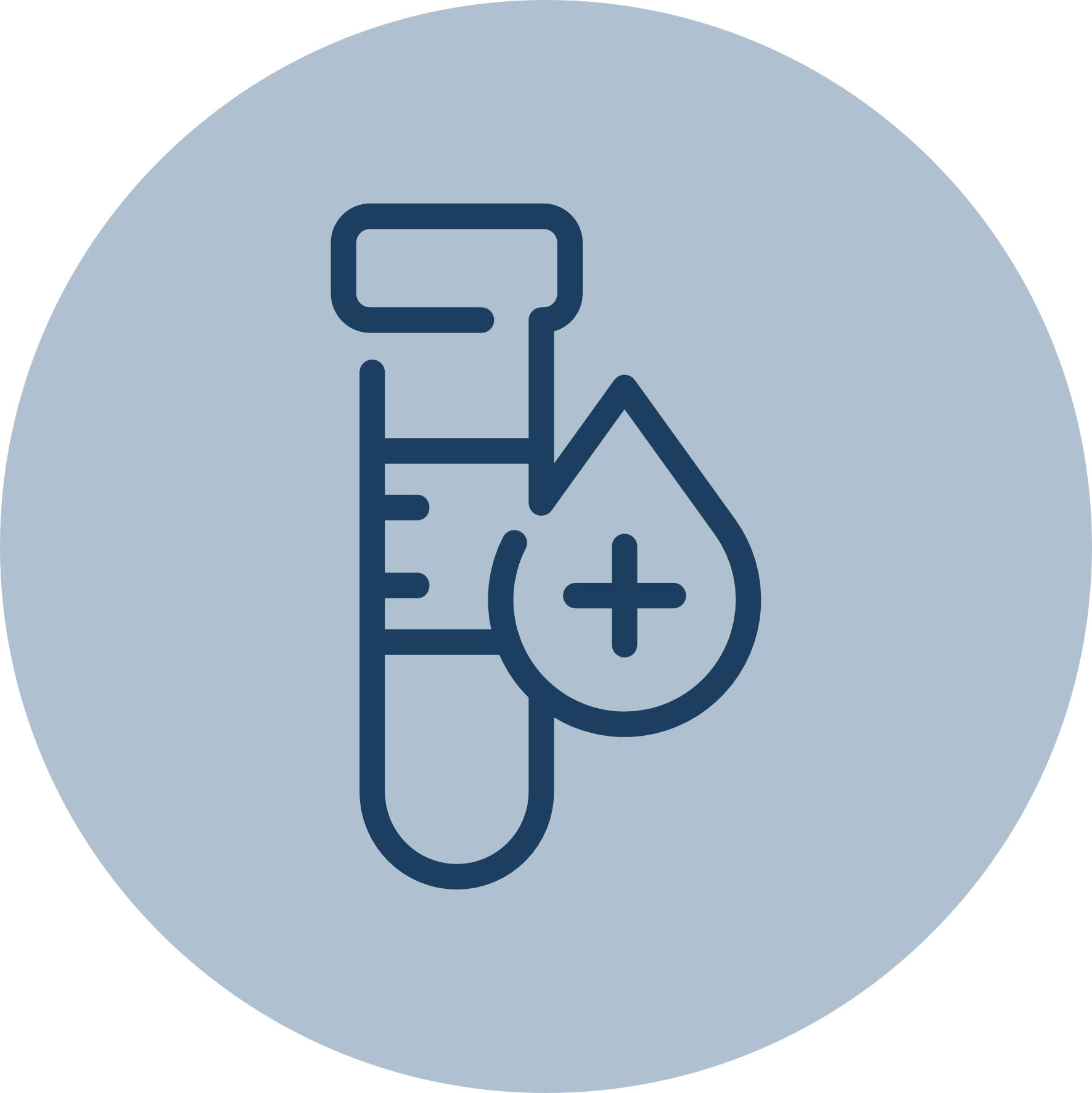 Icon of a test tube with a droplet containing a medical cross symbol inside a gray circle.