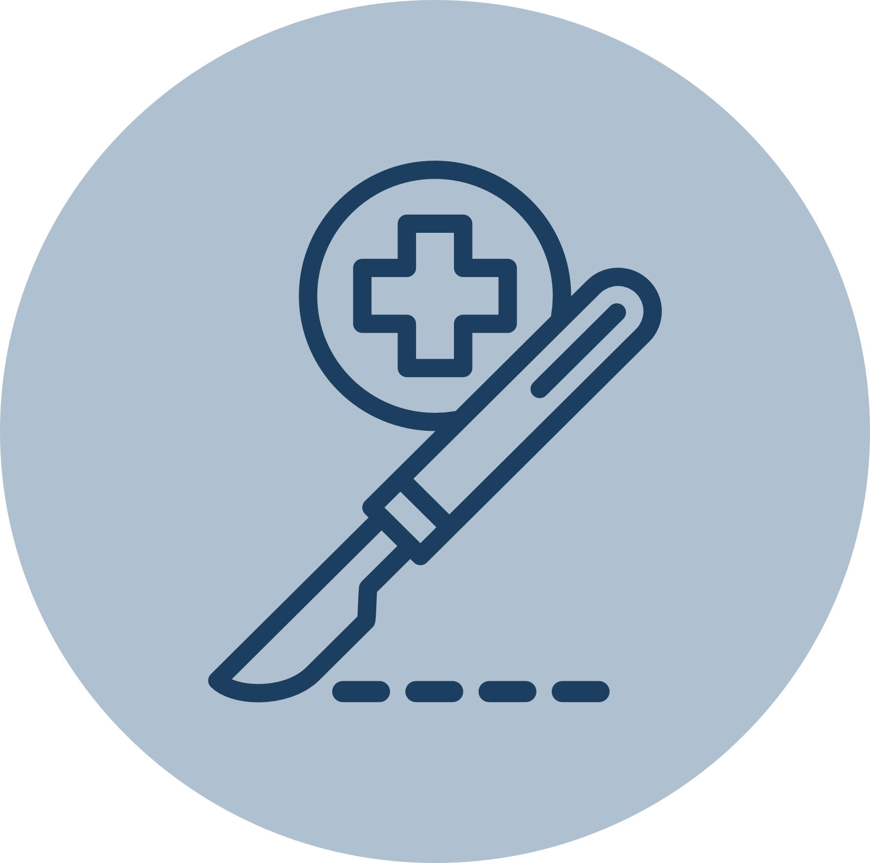 Surgical scalpel icon with a medical cross symbol in a blue circle background.