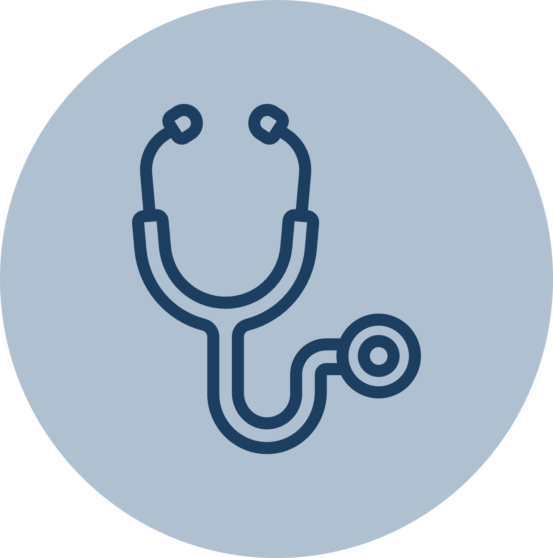 Dark blue stethoscope icon on a light blue circular background.